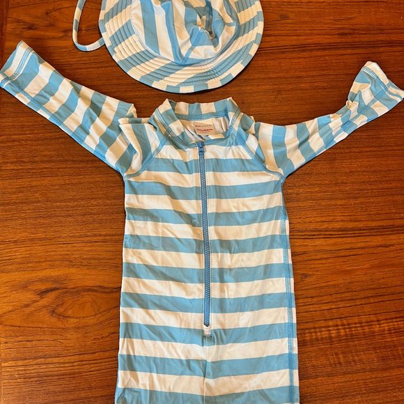 Hanna Andersson Other - Hanna Andersson Boys Blue White Striped Long Sleeve Swimwear/Hat Size 18-24m